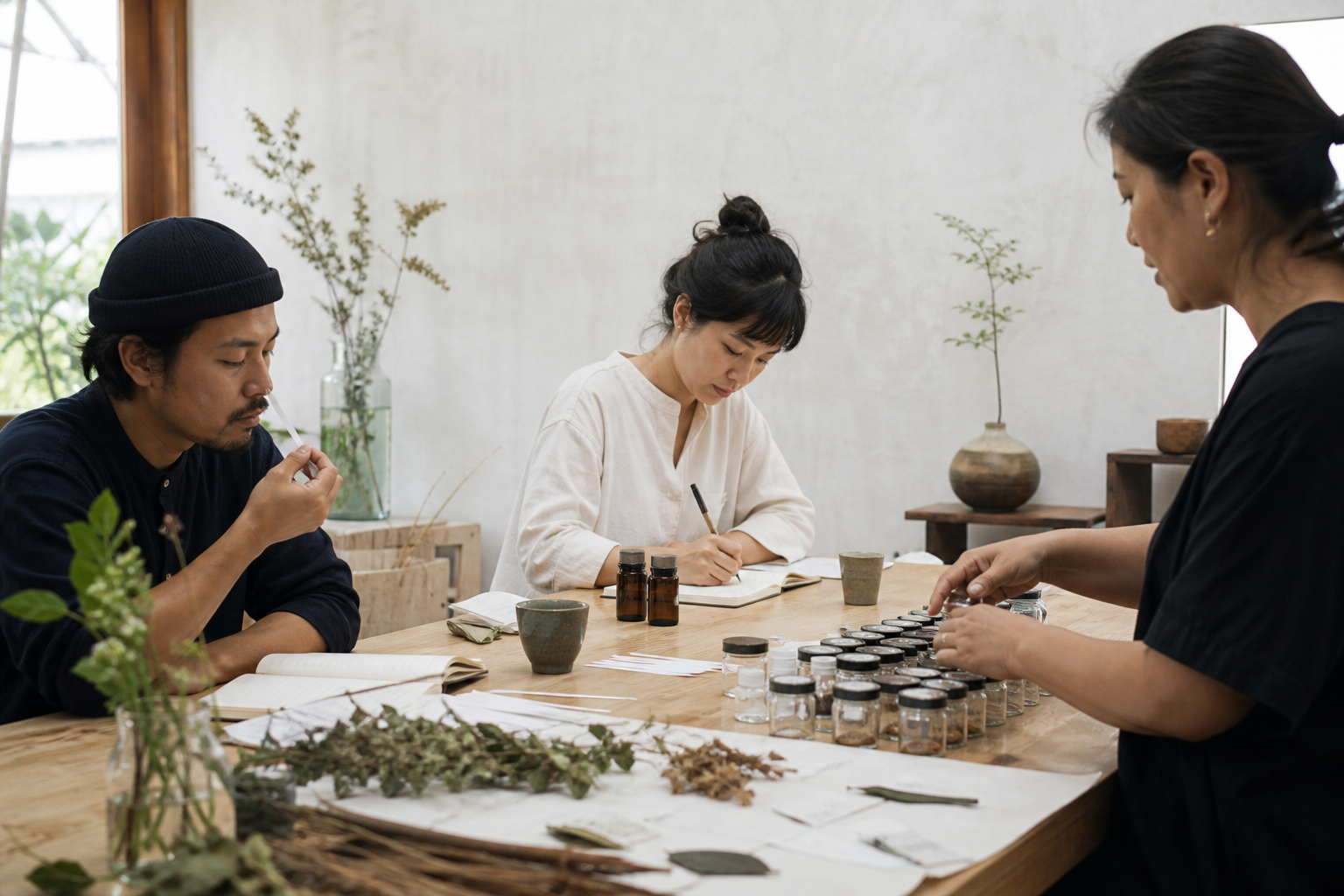People smelling, comparing and recording fragrance materials together at a worktable